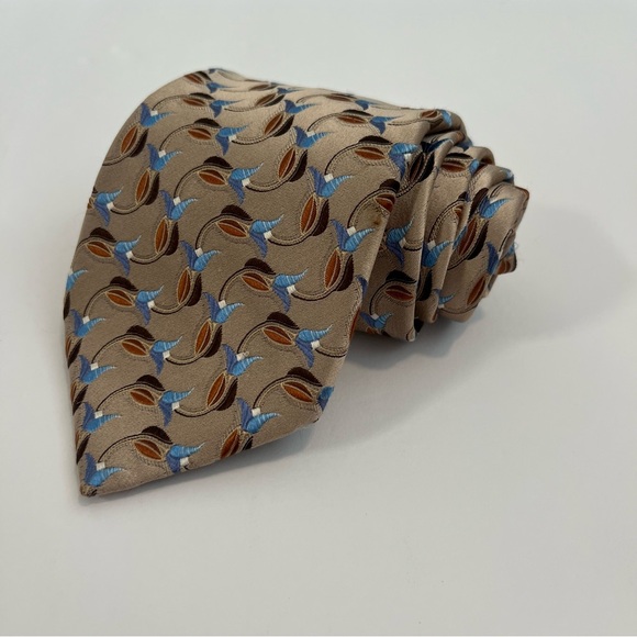 Ermengildo Zegna Elegant Tan / Brown / Blue 100%‎ Silk Floral Tie